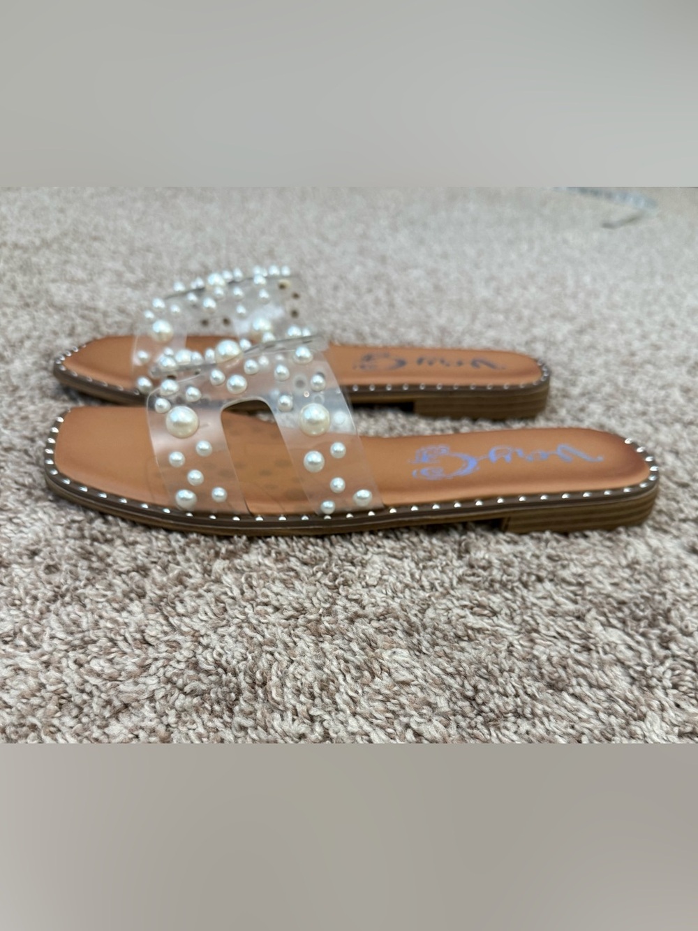Very G Tan Slide Sandals with Clear Pearl Studded Straps - Picture 2 of 4